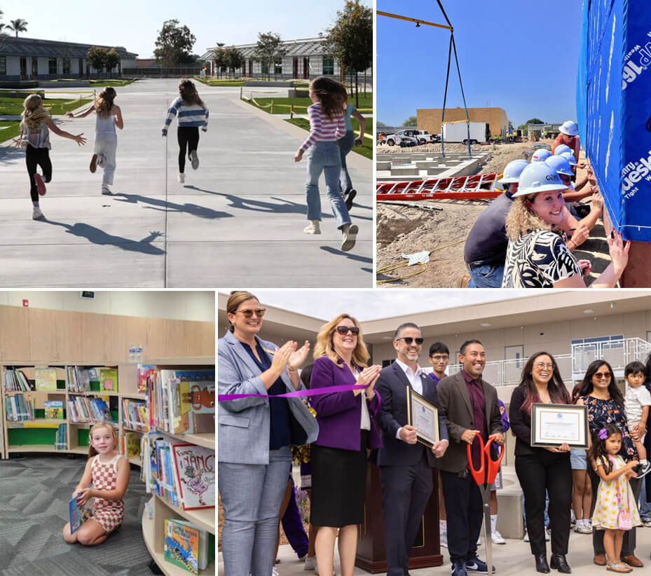 collage of images representing different moments of community building including a ribbon cutting with giant scissors and building a house as volunteers