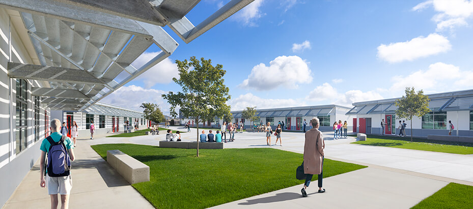 rendering of a campus common area with people walking around green areas